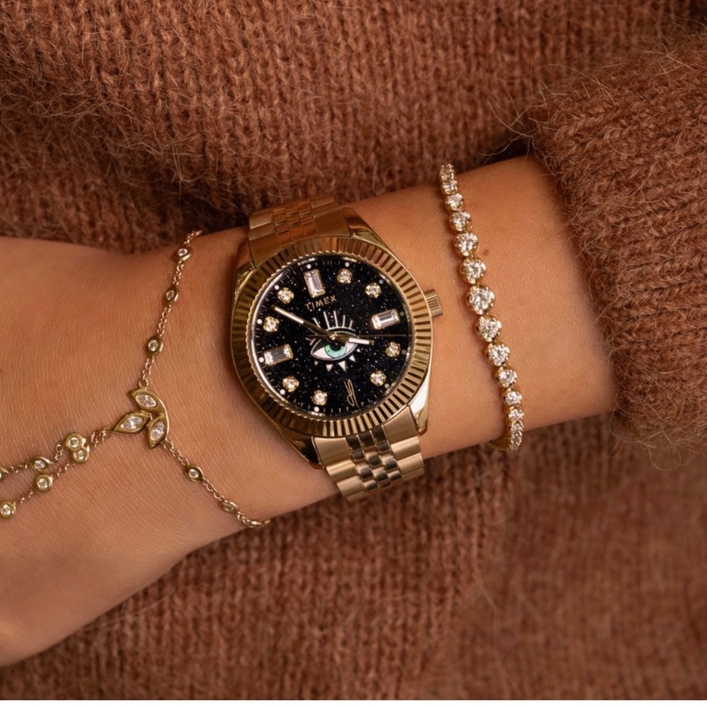 BRAND NEW Timex x Jacquie Aiche Evil Eye Watch 36mm Black Dial/Gold Bracelet